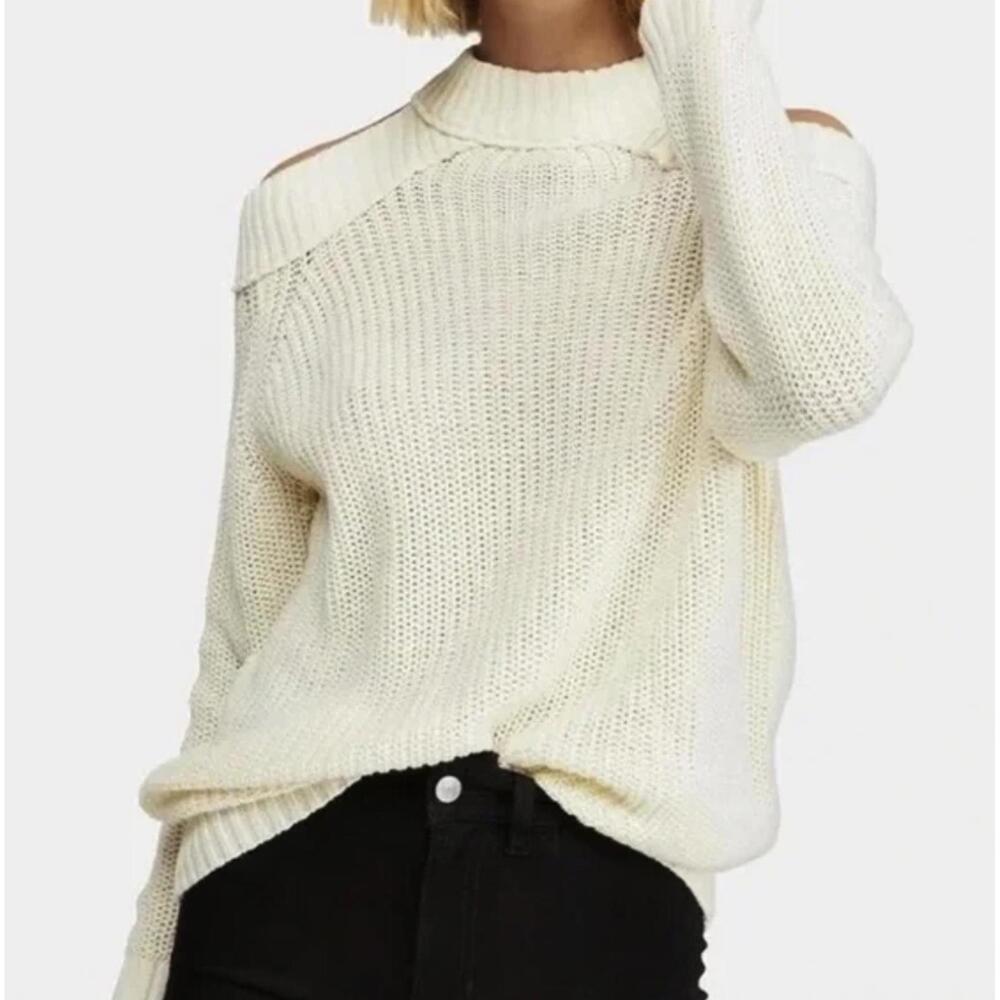 Free People Cream Strap Open Shoulder Half Moon Bay Rib Sweater - Size - Small